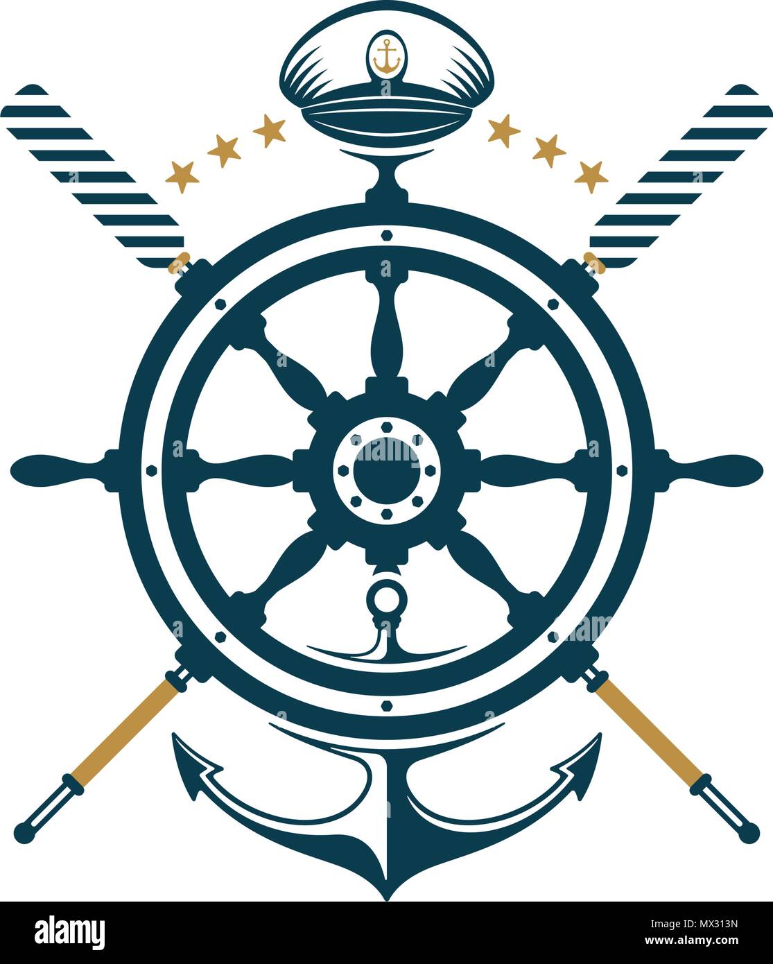 Ship wheel, anchor, oar, captains hat icons design. Nautical badge on white background Stock
