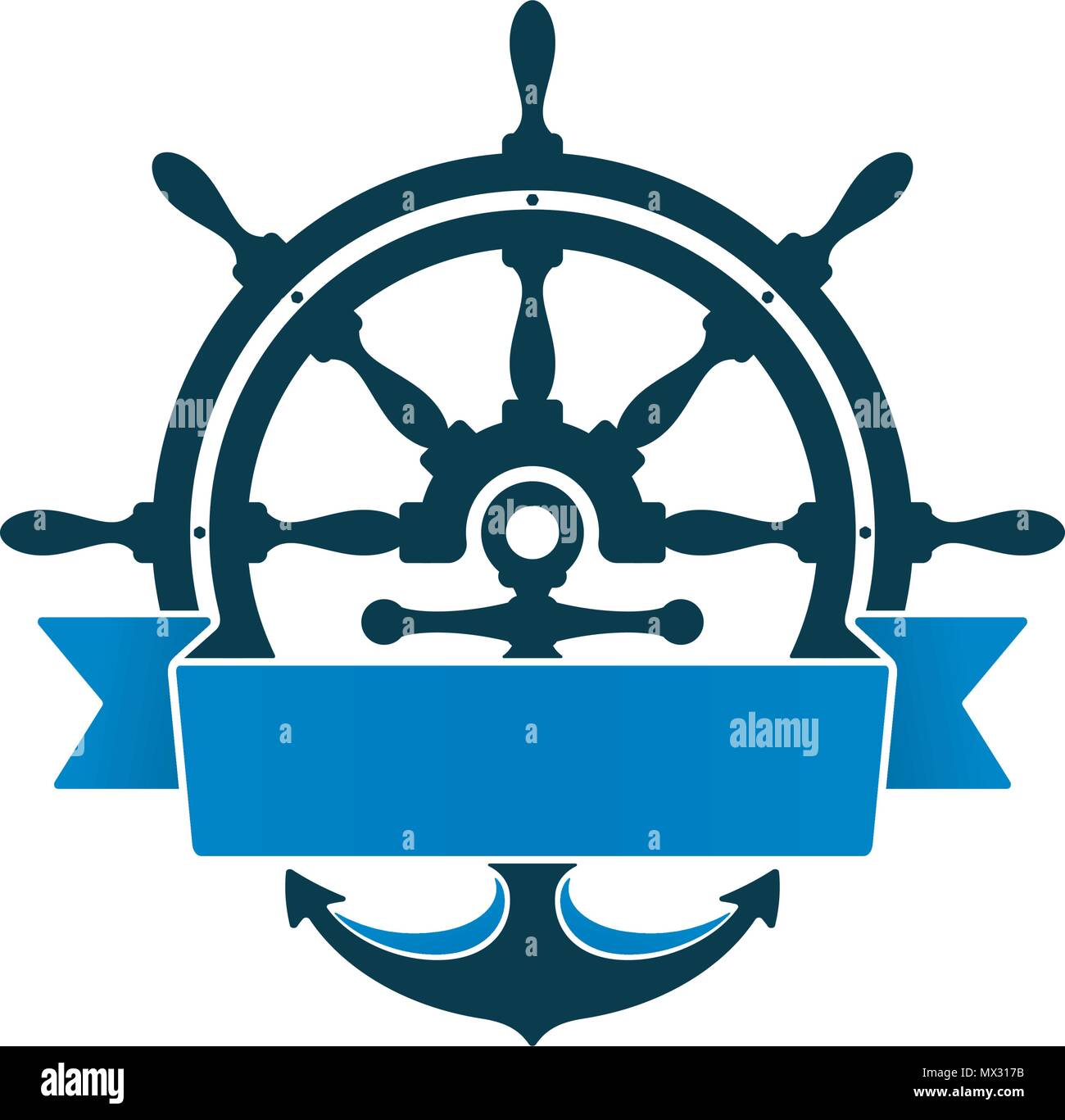 Ship wheel and anchor with label on white background. Nautical symbol