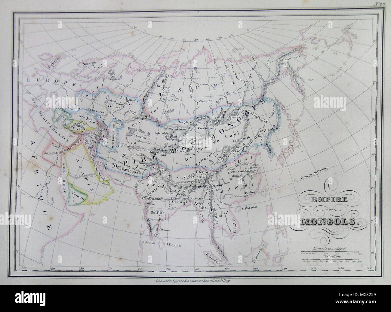 . Empire des Mongols.  English: This is a beautiful 1837 hand colored map Europe and Asia under the domino of the Mongol Empire as established by the Golden Horde under Genghis Khan. All text is in French. . 1837 7 1837 Malte-Brun Map of the Mongol Empire in Asia and Europe - Geographicus - AsiaMongol-mb-1837 Stock Photo