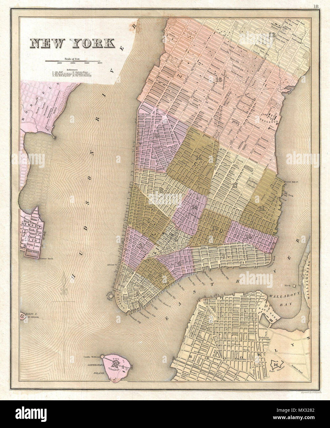 . New York.  English: This is Thomas Bradford's important 1839 map of New York City. Bradford's plan covers Manhattan from fifty-third street to the Battery, with parts of adjacent Brooklyn, Hoboken, and Jersey City. The whole is beautifully engraved in Boynton's delicate style, with important buildings, parks, streets, rail lines, and piers noted. Predates the landfills along the East River and on the Jersey side of the Hudson - though these are in fact ghosted in. Identifies Fort Green, the Navy yard in Brooklyn, Fort Columbus on Governor's Island, Fort Gibson on Ellis Island, City Hall, Bel Stock Photo