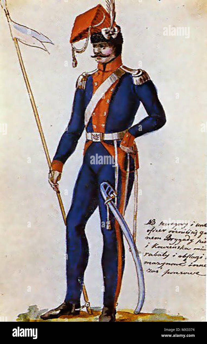 . English: 1st Brigade of Kowno of Army of Grand Duchy of Lithuania in 1792 . end of XVIII century. Anonymous plate 13 1st Brigade of Kowno of Army of Grand Duchy of Lithuania in 1792 Stock Photo