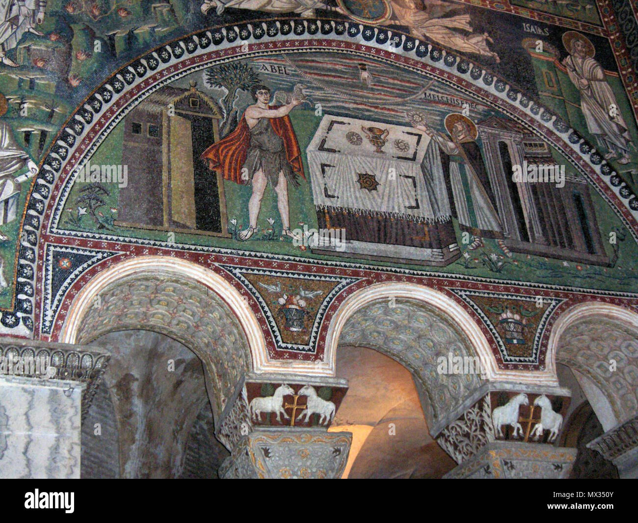 . Sacrifice of Abel and Melchizedek (lunette above the triforium); Isaiah (in the spandrel); Basilica of San Vitale in Ravenna, Italy. 5 April 2006. Georges Jansoone 543 SanVitale14 Stock Photo