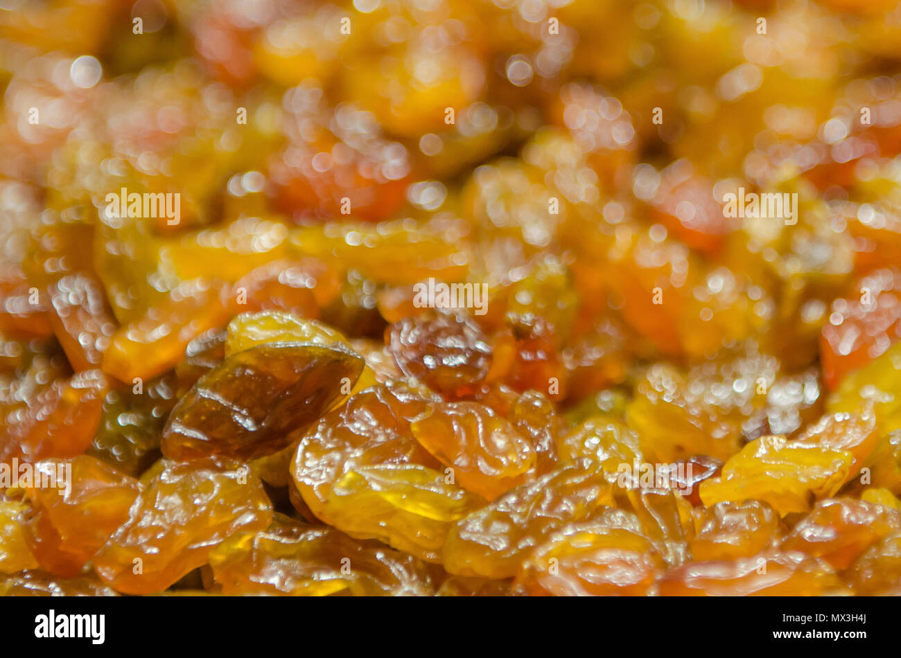 Raisins. Dried fruits in a box on a shelf in a supermarket are not