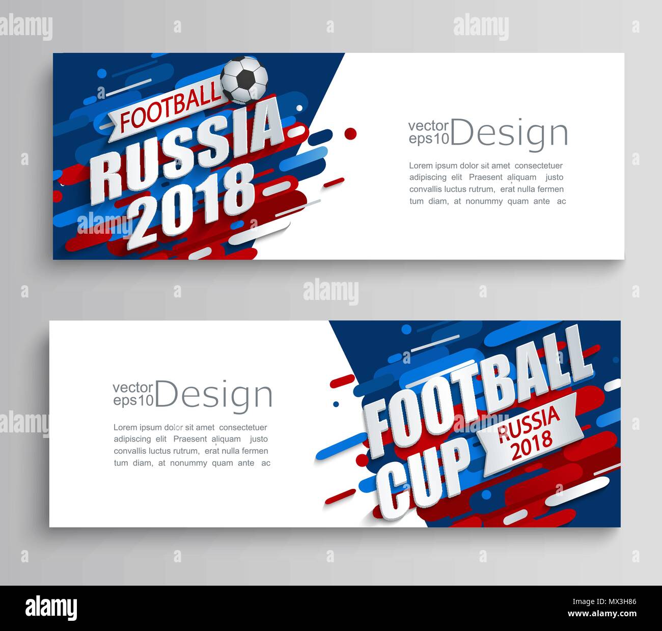 Set of two modern cards of a football cup 2018 on dynamic background. For the soccer championship.Perfect for design cards, invitations, gift cards, flyers, brochures, banners, templates. Vector. Stock Vector
