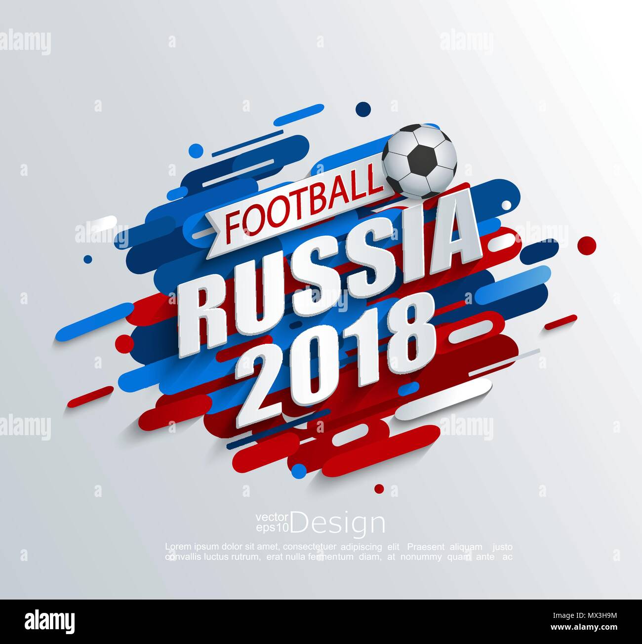 Vector illustration for a football cup 2018 with dynamic background and ball. For the soccer championship.Perfect for design cards, invitations, gift cards, flyers, brochures, banners and so on. Stock Vector