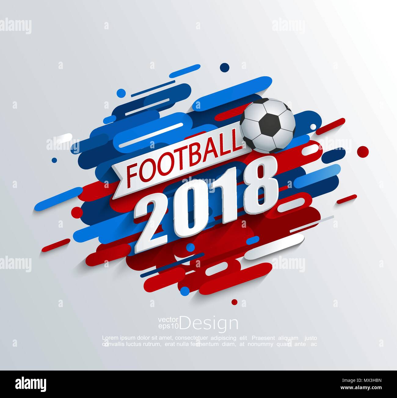 Vector illustration for a football cup 2018 with dynamic background and ball. For the soccer championship.Perfect for design cards, invitations, gift cards, flyers, brochures, banners and so on. Stock Vector