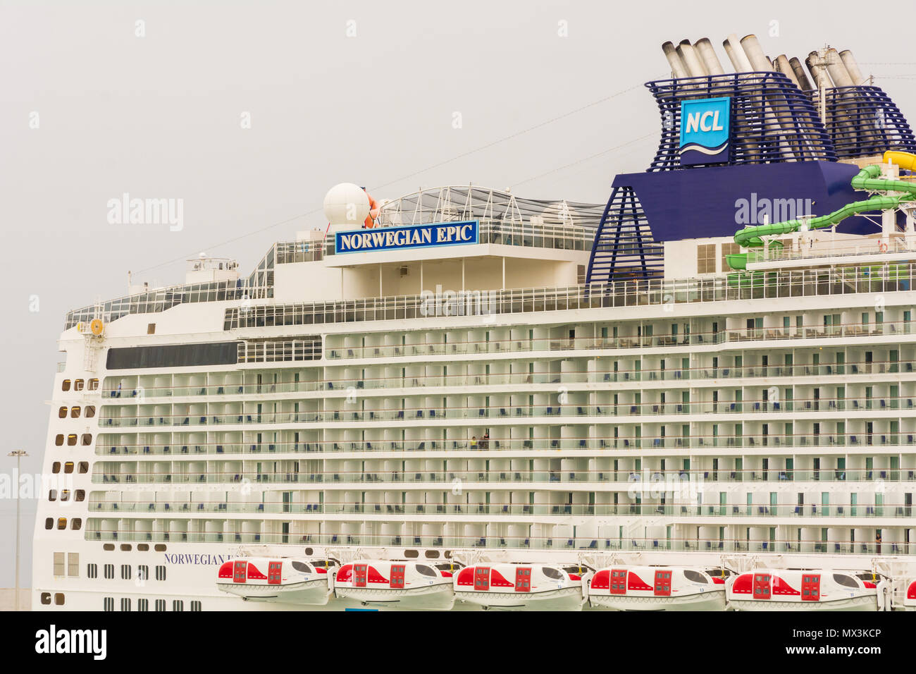 Civitavecchia, Italy - May 2. 2018: The huge Norwegian Epic cruise ship moored alongside at Civitavecchia harbor Italy. Norwegian Cruise Line Stock Photo