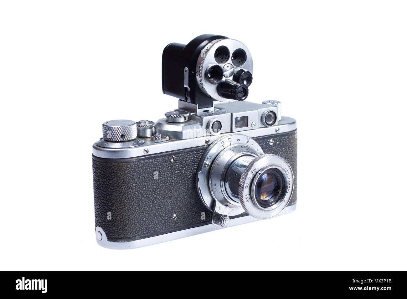 old vintage camera with additional viewfinder isolated on white