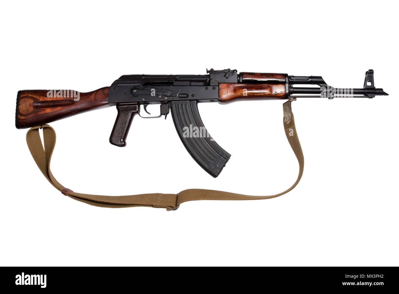 AKM (Avtomat Kalashnikova) Kalashnikov assault rifle on white Stock Photo