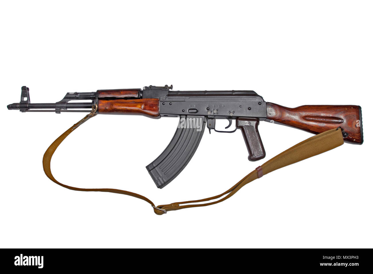 AKM  Avtomat Kalashnikova Kalashnikov assault rifle on white Stock Photo