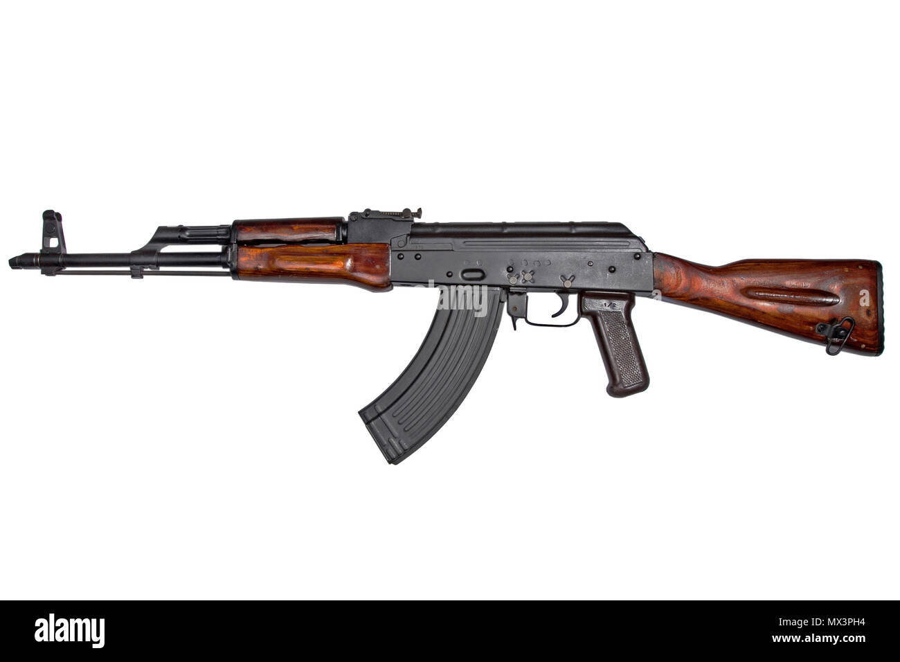 AKM Avtomat Kalashnikova Kalashnikov assault rifle on white Stock Photo