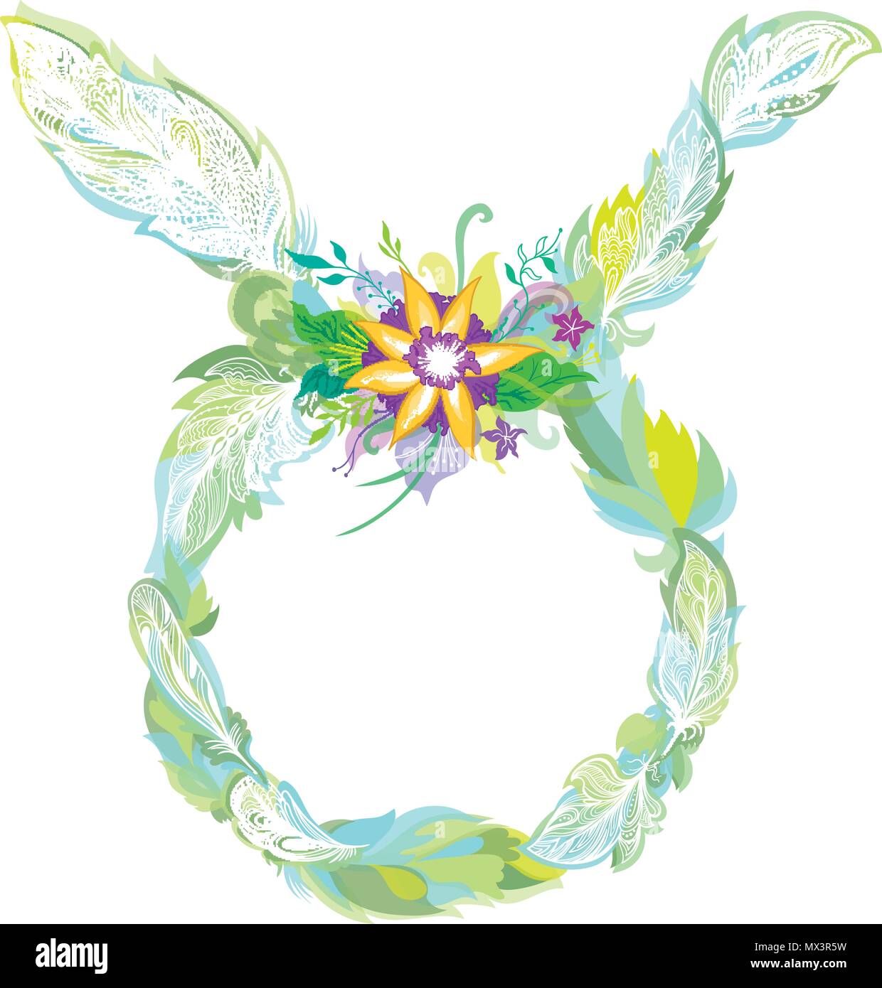 Vector feather boho style astrology symbol with flowers Stock Vector