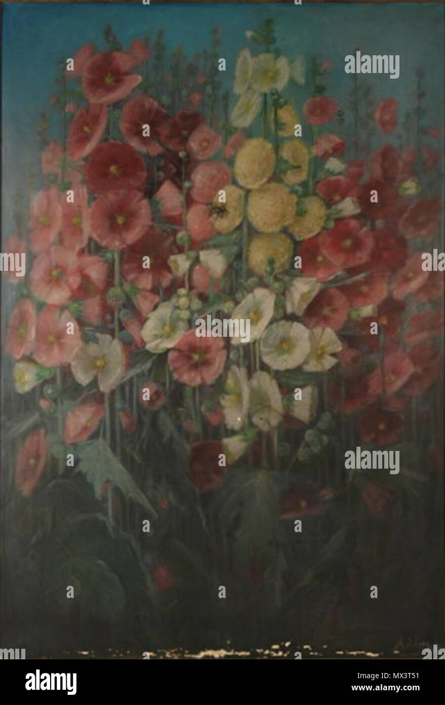 . English: Painting by American artist Adelia Armstrong Lutz (1859–1931). Oil on canvas still life of hollyhocks, signed and dated A.A. Lutz, 1928. 1928. Adelia Armstrong Lutz 27 Adelia-armstrong-lutz-painting1 Stock Photo