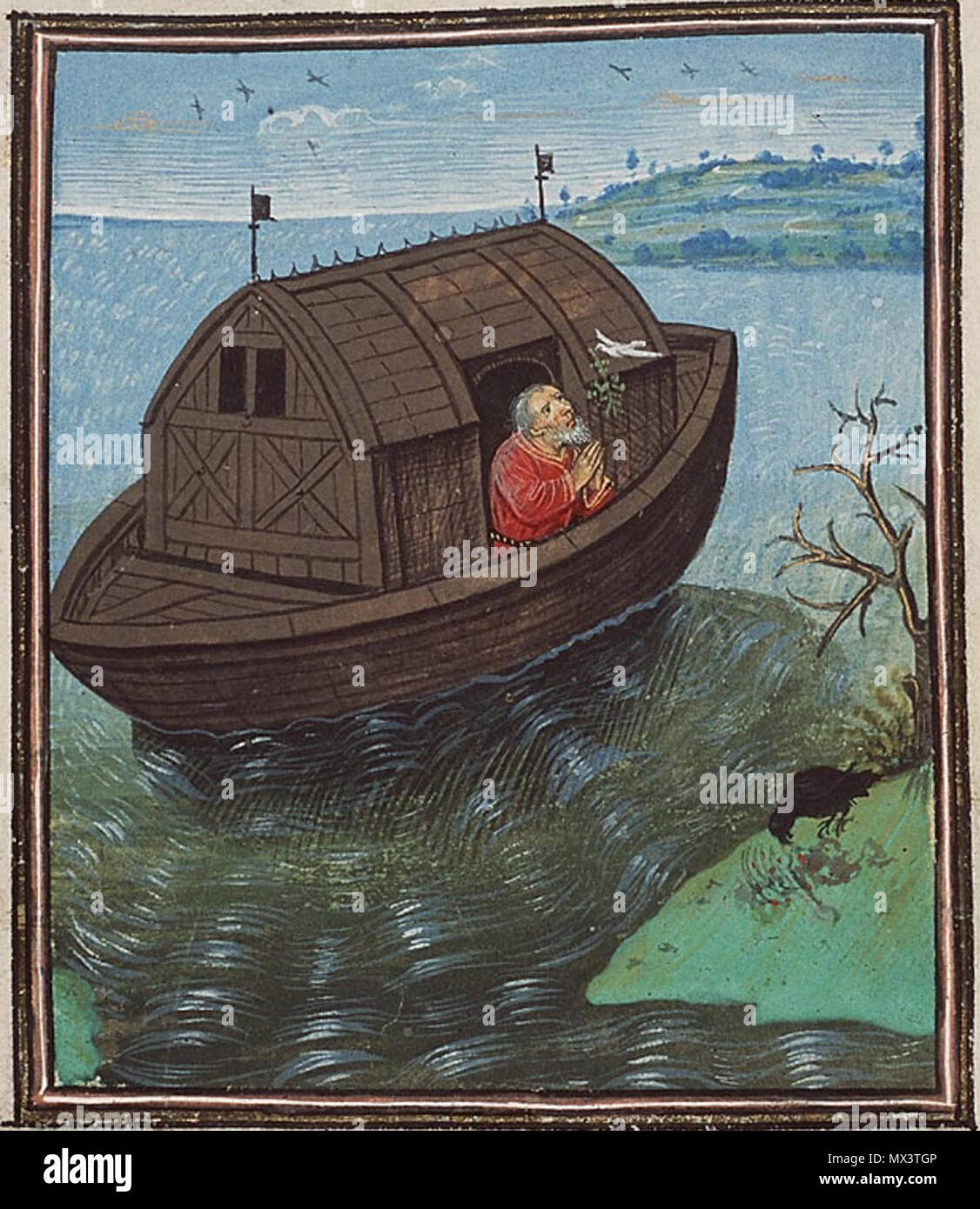 . English: Noah sends off a dove from the ark. Technique: Miniature on vellum Location: Museum Meermanno Westreenianum, The Hague Notes: From Aegidius of Roya's 'Compendium historiae universalis' of Southern Netherlands (manuscript 'Den Haag, MMW, 10 A 21') . between circa 1450 and circa 1460. DREUX, Jean; MASTER of Margaret of York; HENNECART, Jean 28 Aegidius of Roya deluge Stock Photo