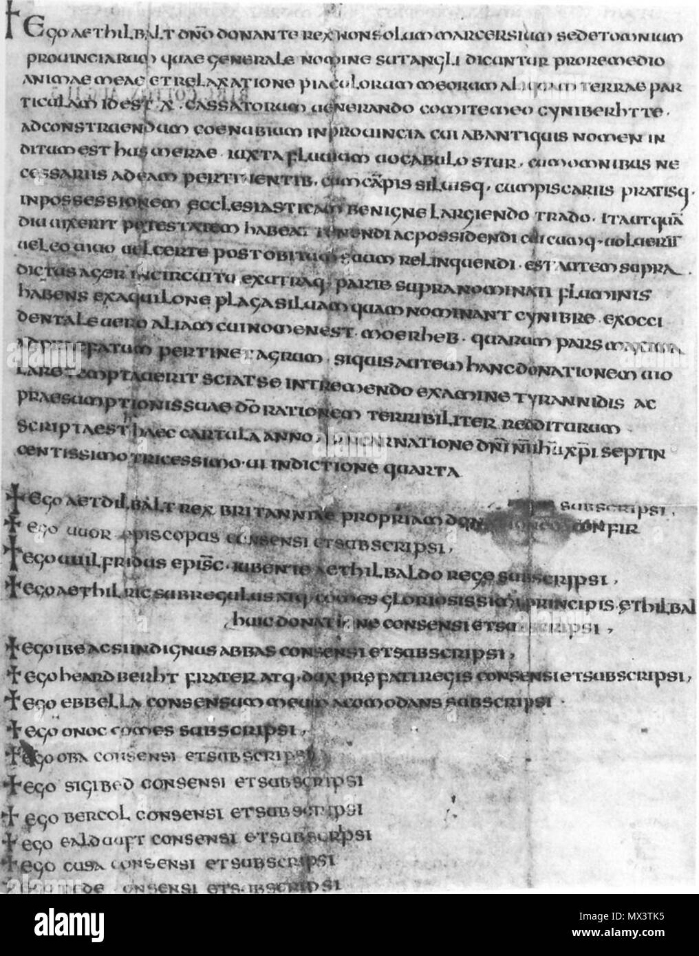 . A charter of Aethelbald's to Cyneberht, 736. The first charter of undoubted authenticity to include an incarnation year (description in anglo-saxons.net). British Library MS Cotton Augustus ii. . Unknown 29 Aethelbald charter Cyneberht 736 Stock Photo