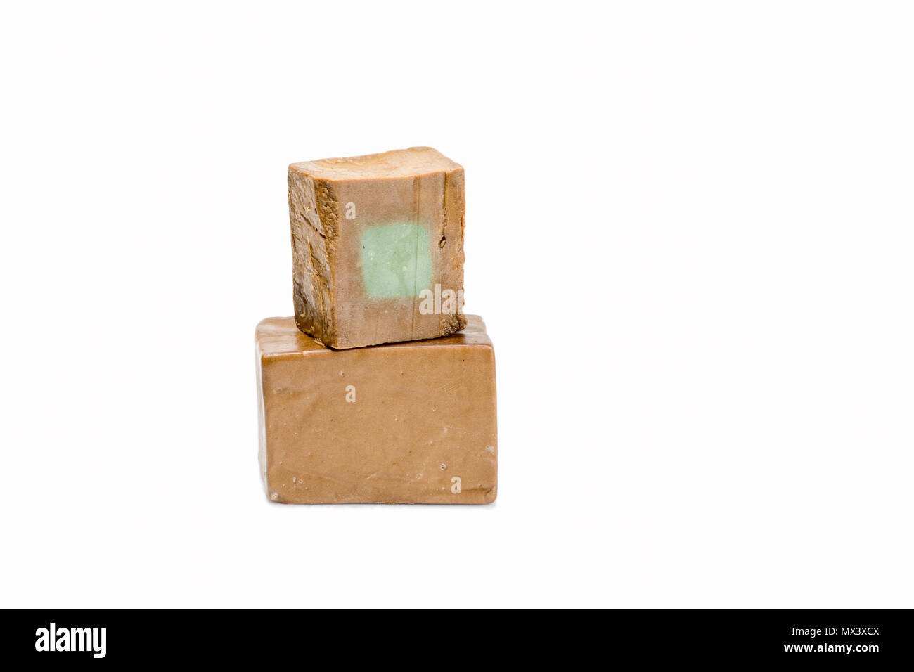 Traditional Hard Olive Soap made in Aleppo (Syria) on white background Stock Photo