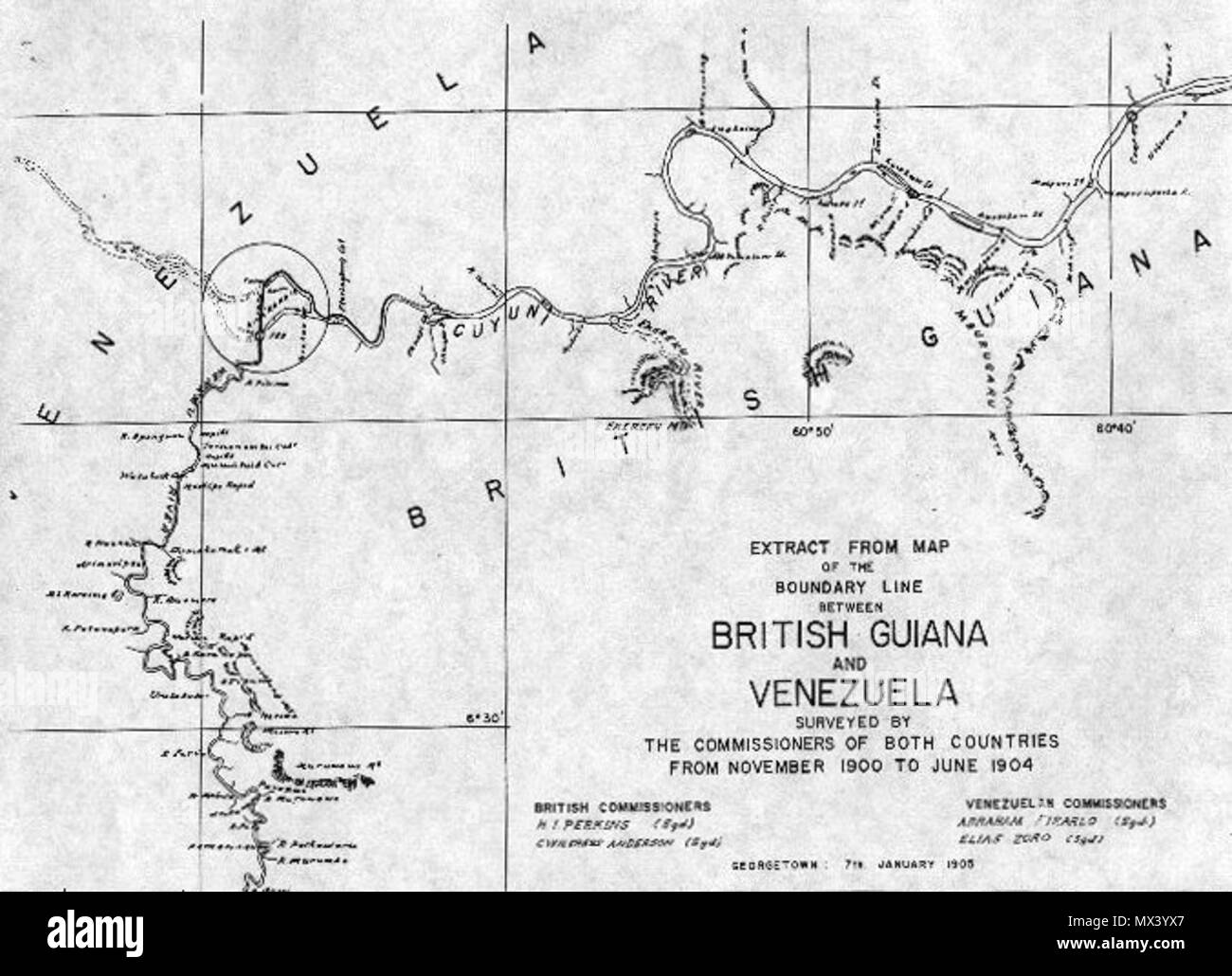 . English: Map from the 1905 survey of the Venezuela-British Guiana boundary. 7 January 1905. Commission on the Venezuela-British Guiana boundary 47 Ankoko-Island-1905 Stock Photo