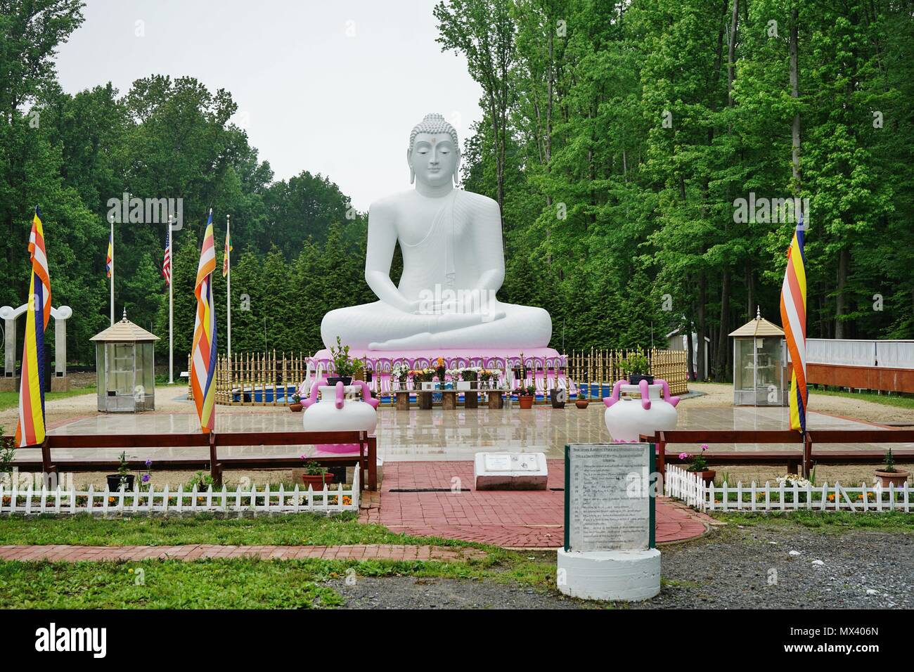 View of the giant white Buddha statue at the New Jersey Buddhist Vihara