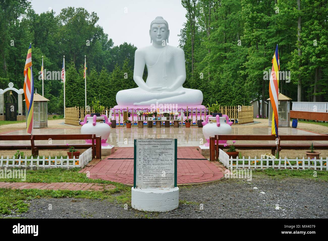 View of the giant white Buddha statue at the New Jersey Buddhist Vihara