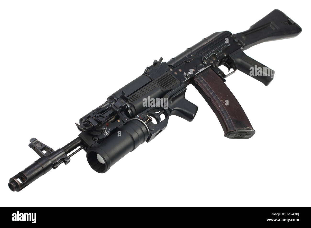 modern kalashnikov AK 74M assault rifle with underbarrel grenade launcher on white Stock Photo