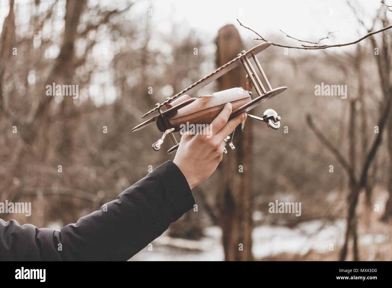 A man playing with a wooden airplane model, Denmark, Europe. Stock Photo