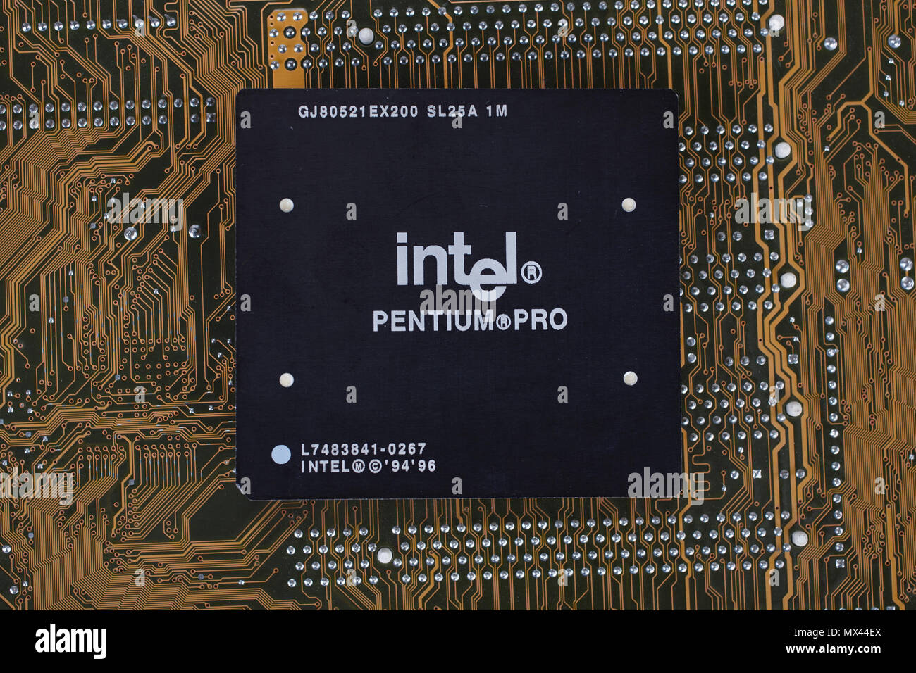 KYIV, UKRAINE - Jan. 28, 2018. Intel Pentium Pro processor on motherboard. Stock Photo