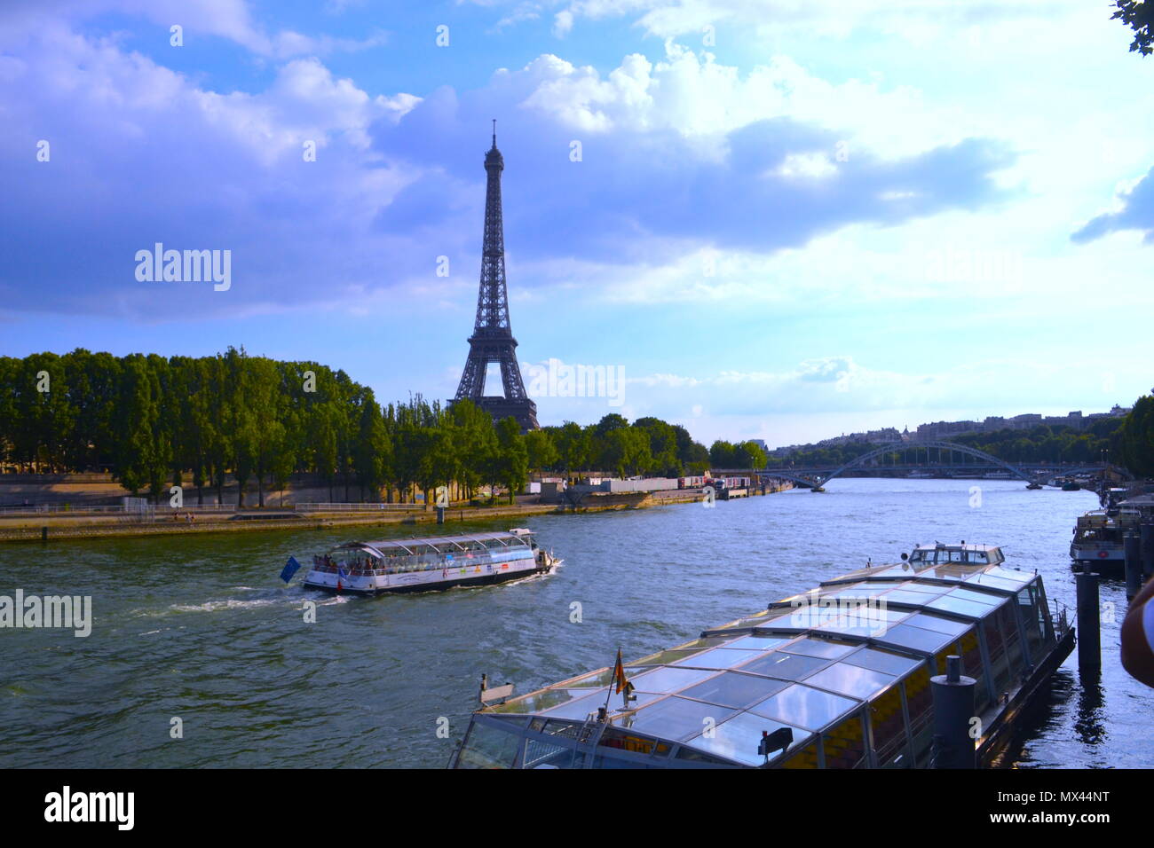Vista de la Torre Eiffel desde la orilla del rio Sena Stock Photo