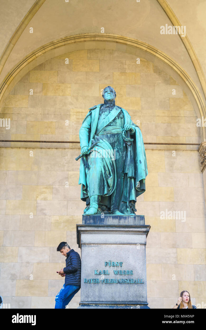 Munich, Germany - October 20, 2017: Karl Philipp von Wrede statue (1844) by  Ludwig Schwanthaler in Field Marshals' Hall on Odeonsplatz Stock Photo