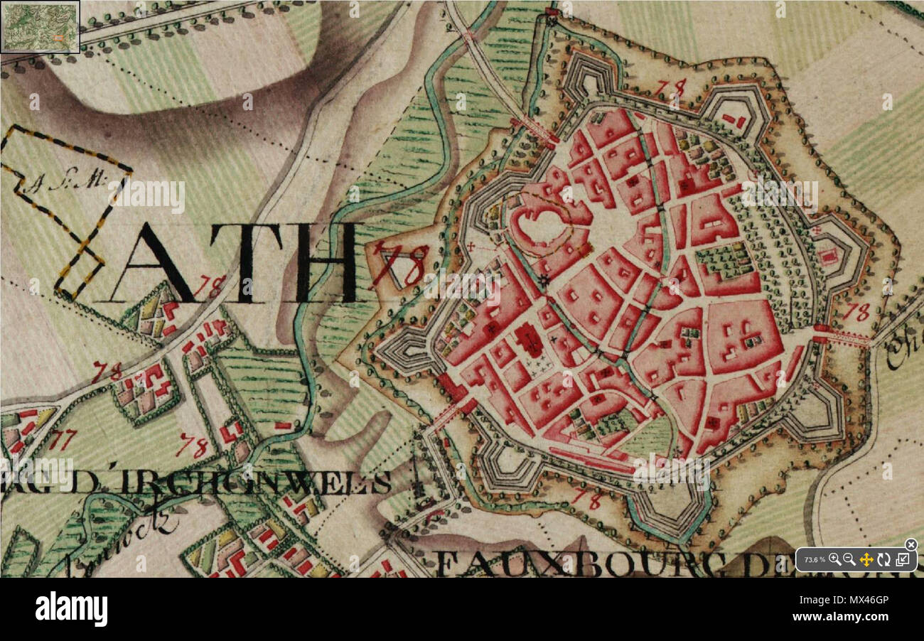 . English: Ath, Belgium, Ferraris Map, 1775.jpg . between 1771 and 1778. Joseph Johann Ferraris (1726 – 1814) 61 Ath, Belgium, Ferraris Map, 1775 Stock Photo