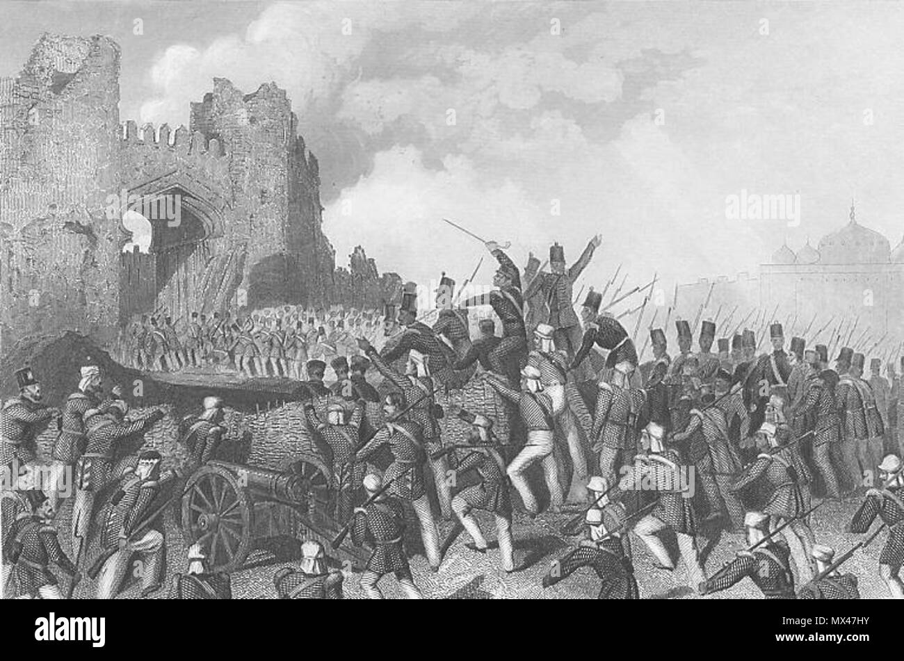 . English: 'The Capture of the Cashmere Gate, 14 Sept. 1857,' a steel engraving, London Printing and Publishing Co., c.1858 . circa 1858. London Printing and Publishing Co. 62 Attack1857 Stock Photo