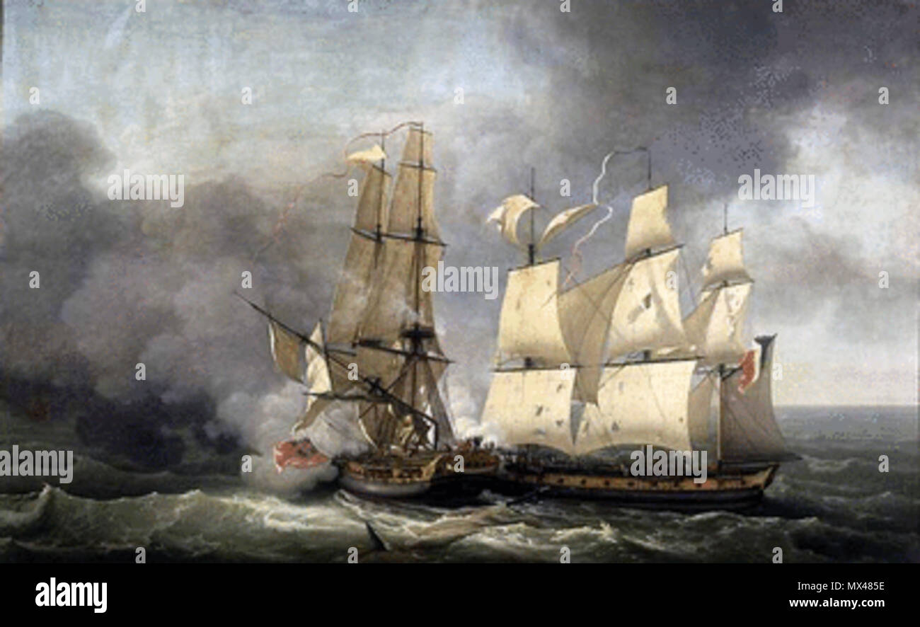 . English: French corvette Bayonnaise boarding HMS Ambuscade during the Action of 14 December 1798 . Jean François Hue (French, 1751-1823) 42 Ambuscade vs Bayonnaise-Hue Stock Photo