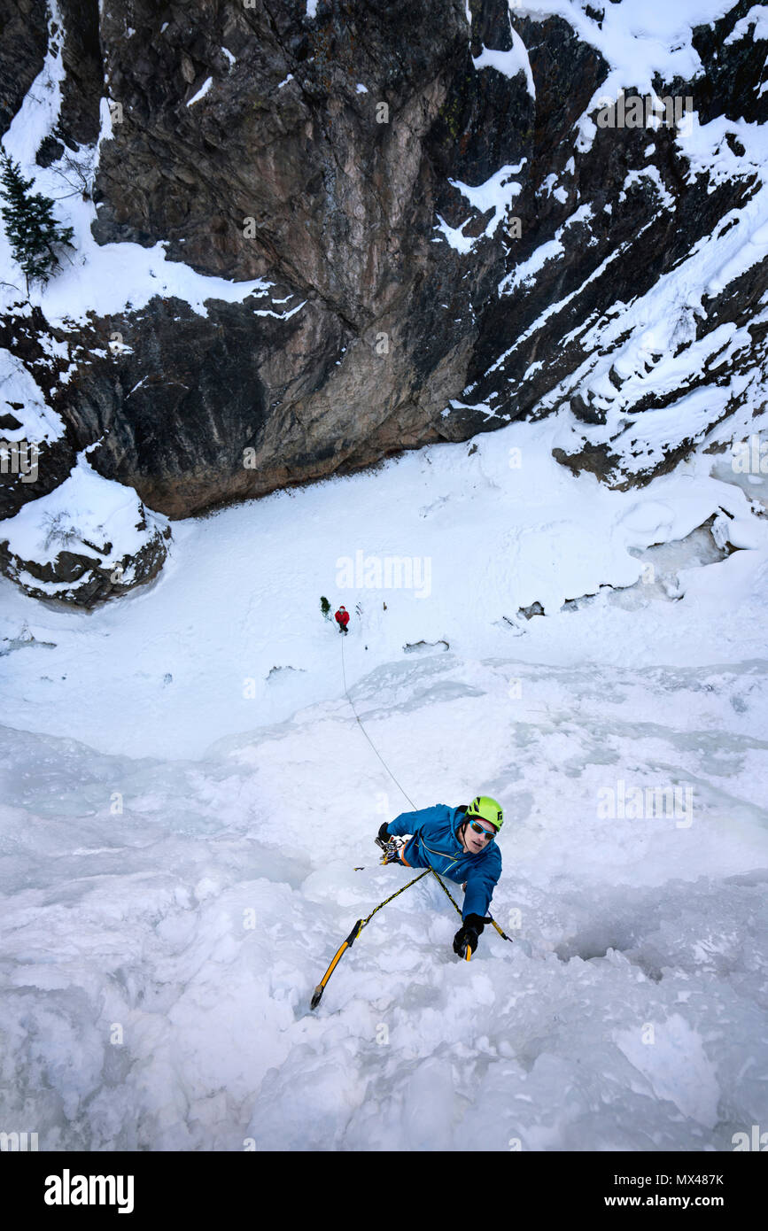 one man lead climbing in ouray ice park Stock Photo