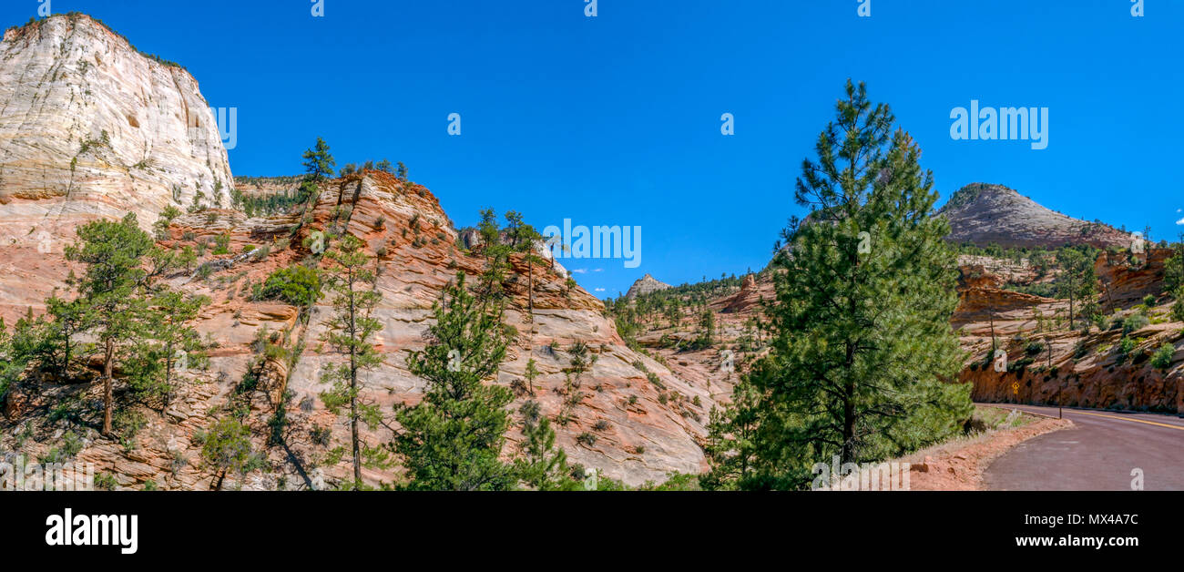Pull off on mountain canyon road with green trees and orange sandstone mountains under bright blue sky. Stock Photo