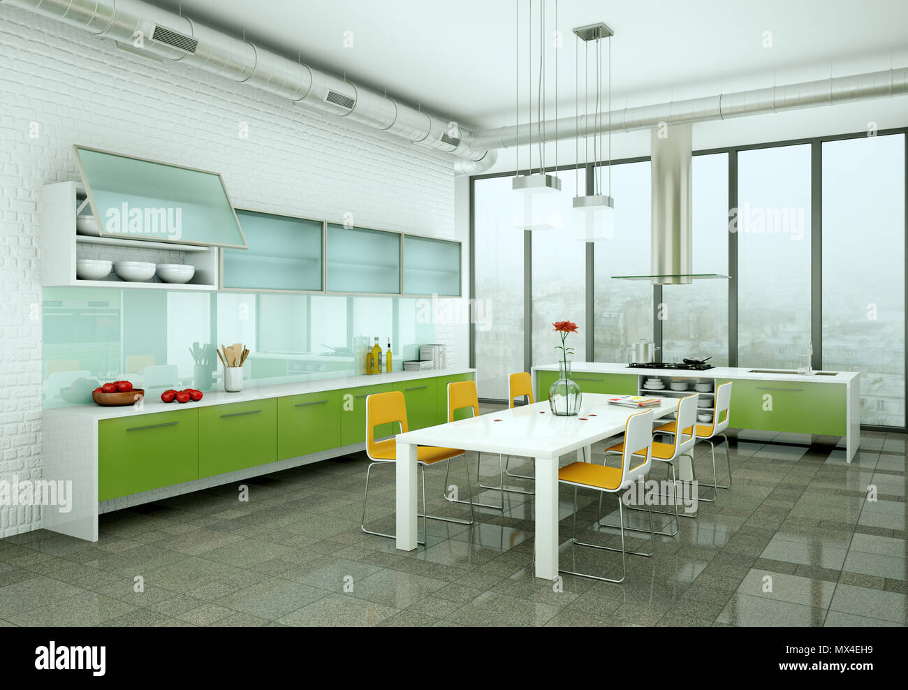 Green modern kitchen in a loft with a beautiful design Stock Photo - Alamy