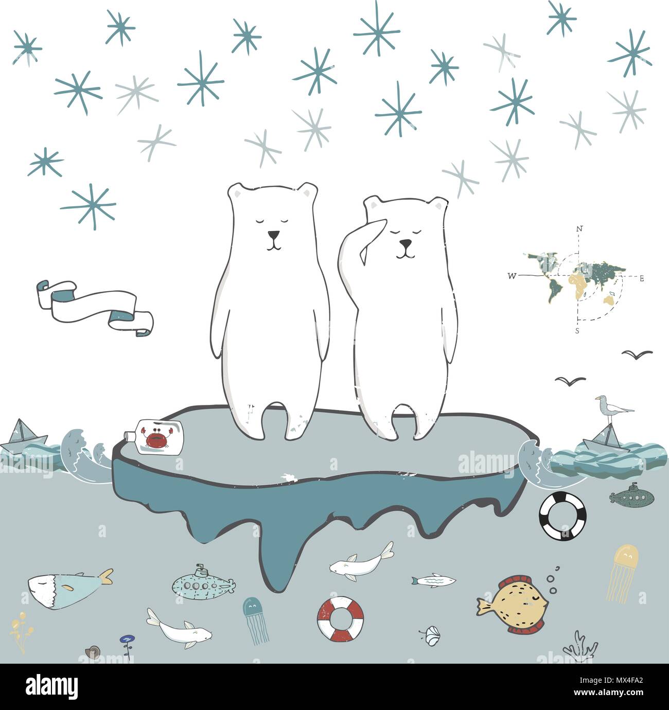Polar bearS on an ice floe vector gift card Stock Vector