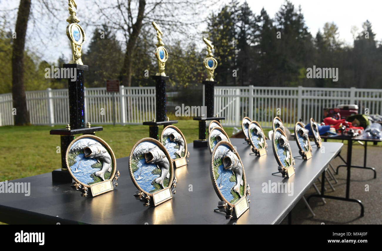 Trophies are lined up to be presented to winners during the Annual McChord Field Top III Children’s Fishing Derby April 29, 2017 at Carter Lake on McChord Field, Wash. More than 100 people came out to participate in this year’s fishing derby. Stock Photo