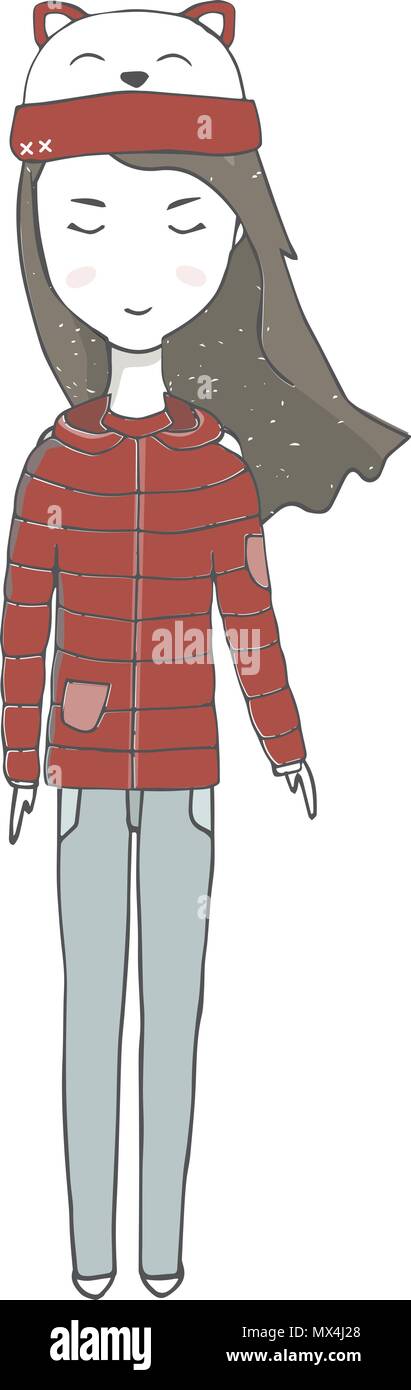 A girl in a sweater teacher in, jeans autumn clothing with long hair family person school baby student winter travel woman character drawing full-leng Stock Vector