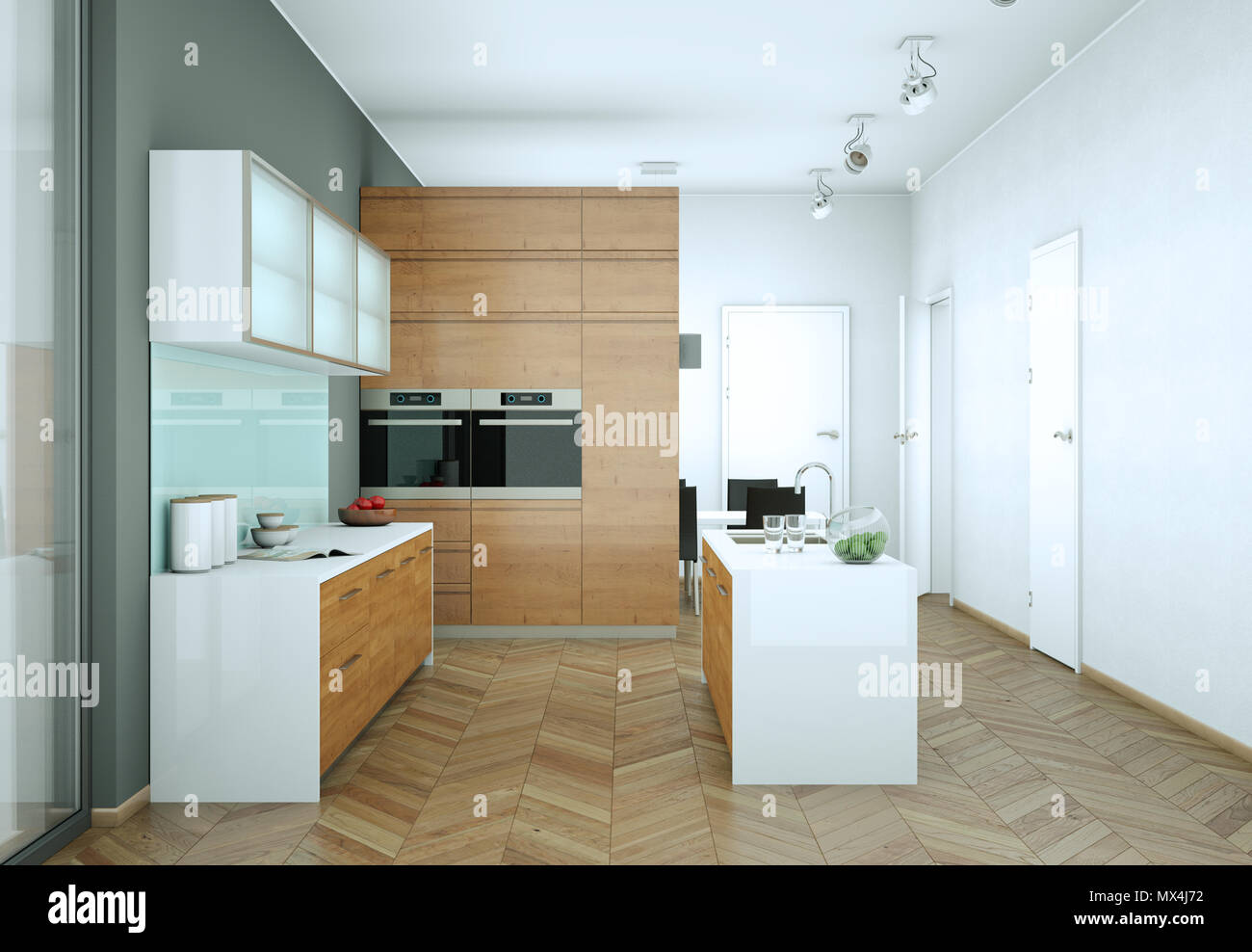 Wooden modern kitchen in a loft with grey wall Stock Photo - Alamy