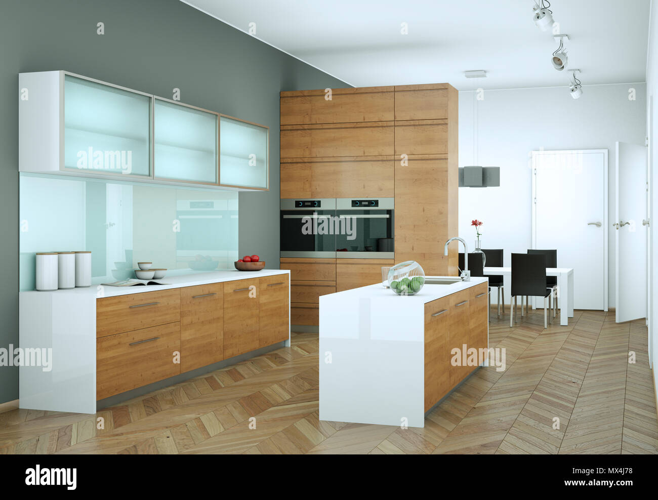 Wooden modern kitchen in a loft with grey wall Stock Photo - Alamy