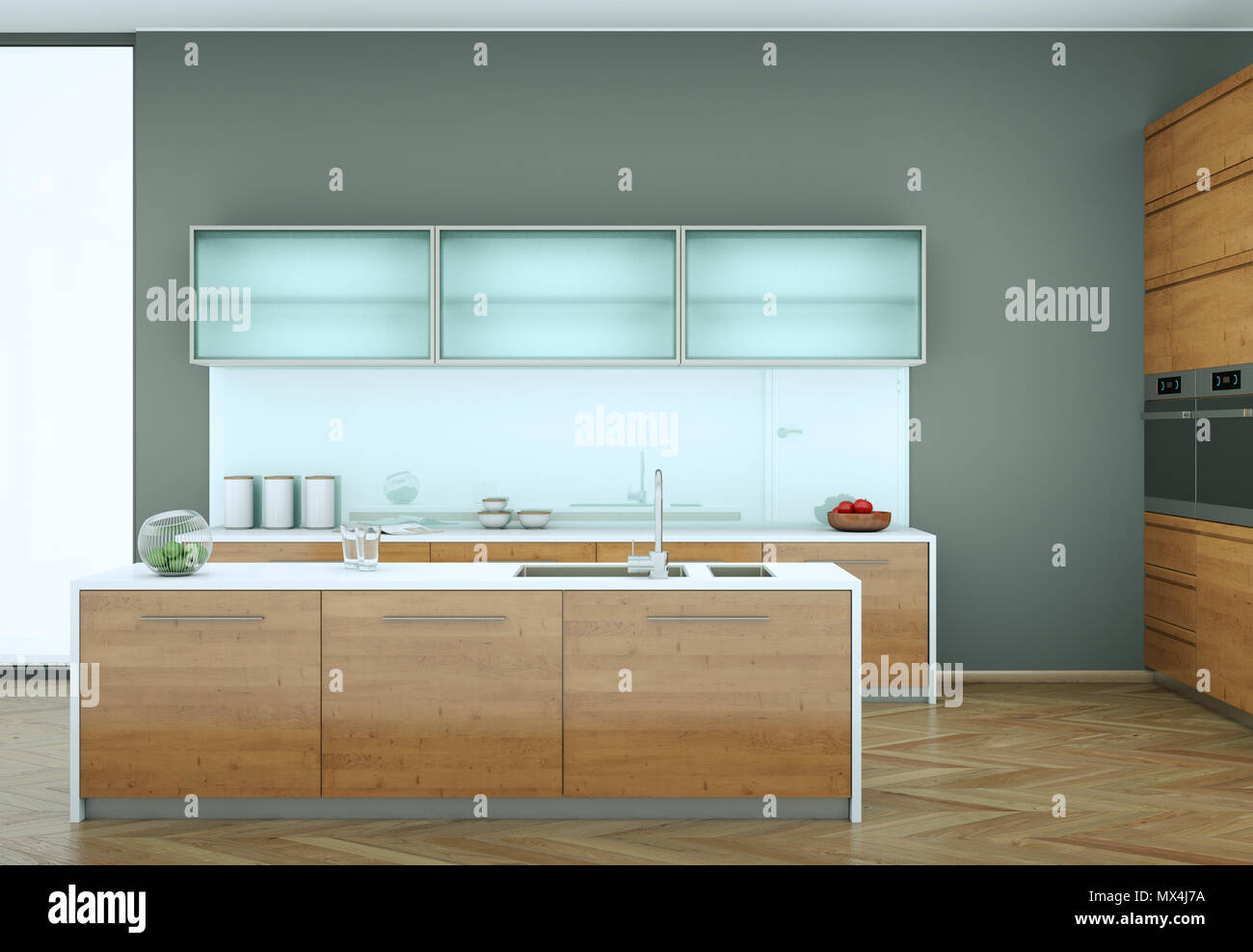 Wooden modern kitchen in a loft with grey wall Stock Photo - Alamy
