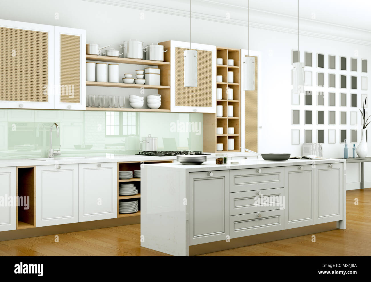 White modern kitchen in a house with a beautiful design Stock Photo - Alamy