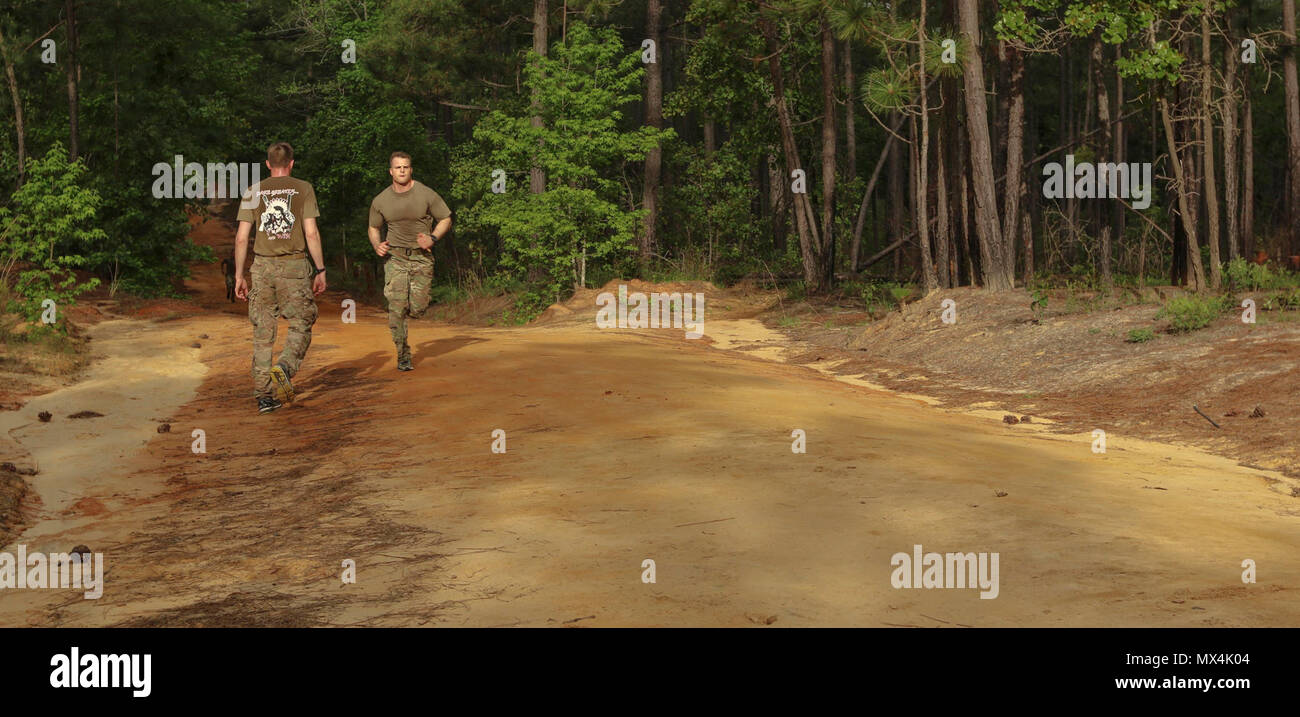 A Paratrooper with the 2nd Battalion, 501st Parachute Infantry Regiment, 82nd Airborne Division, encourages his battle buddy to complete a five-mile run during the Ranger Physical Assessment Test on Fort Bragg, N.C., May 1, 2017. The fitness test included the push-up, sit-up, pull-up, run and swim events and was held as a part of the 1st Sgt. Funk 82nd Eight Emergency Deployment Readiness Exercise, a combat readiness assessment across the division. Stock Photo