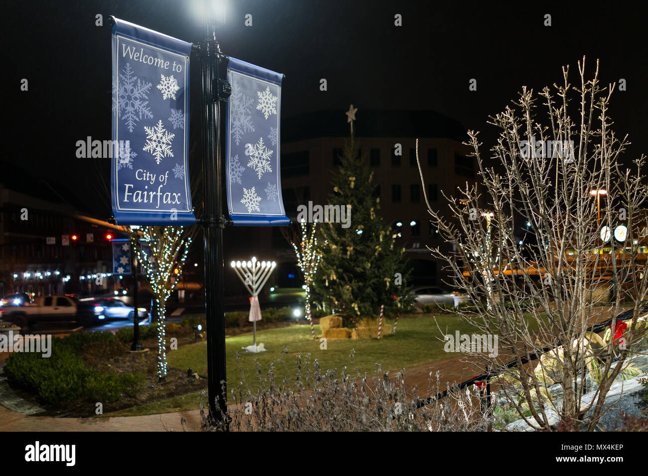 Fairfax, USA December 24, 2017 Christmas Eve decorations in downtown