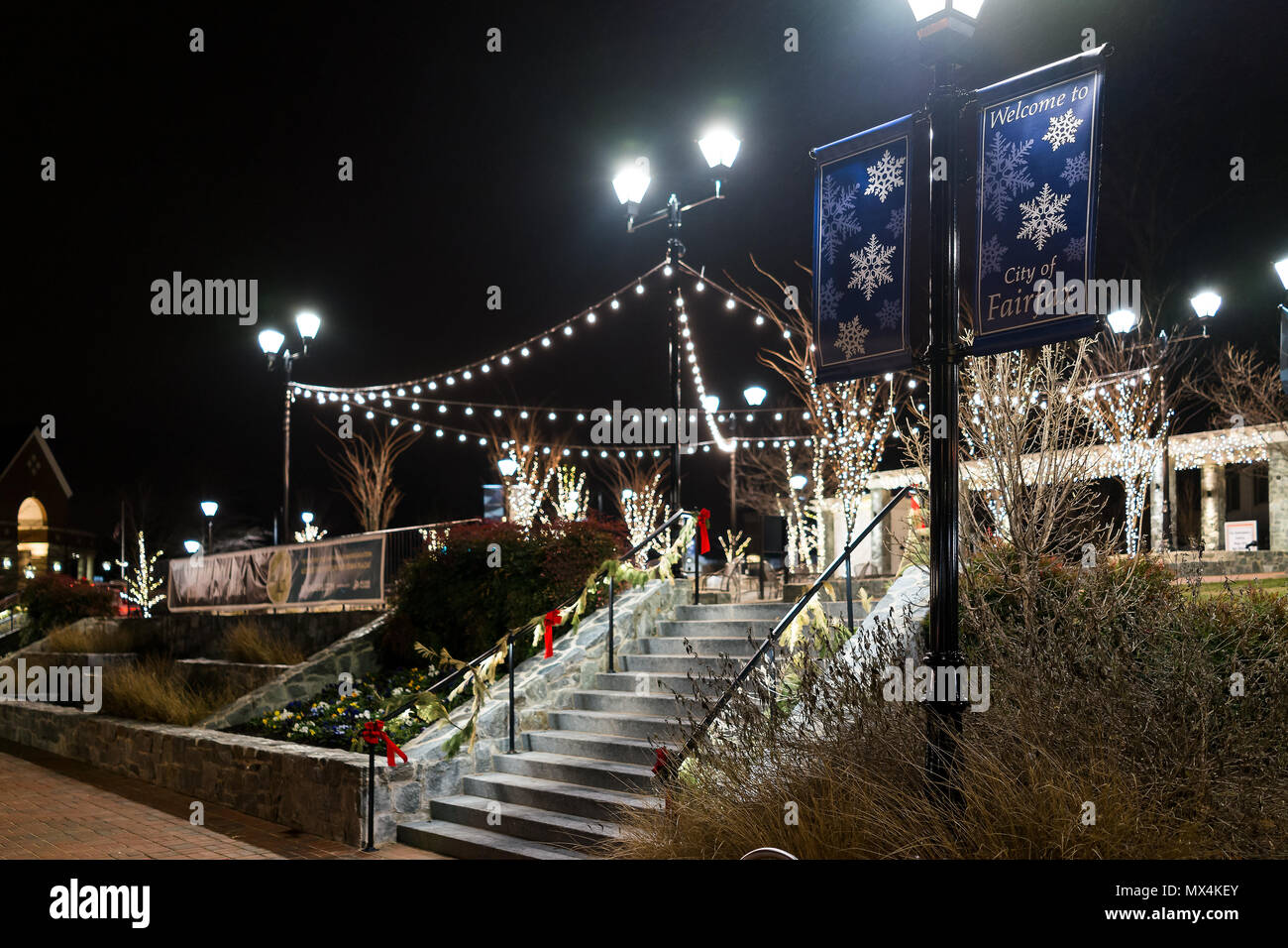 Fairfax, USA December 24, 2017 Christmas Eve decorations in downtown