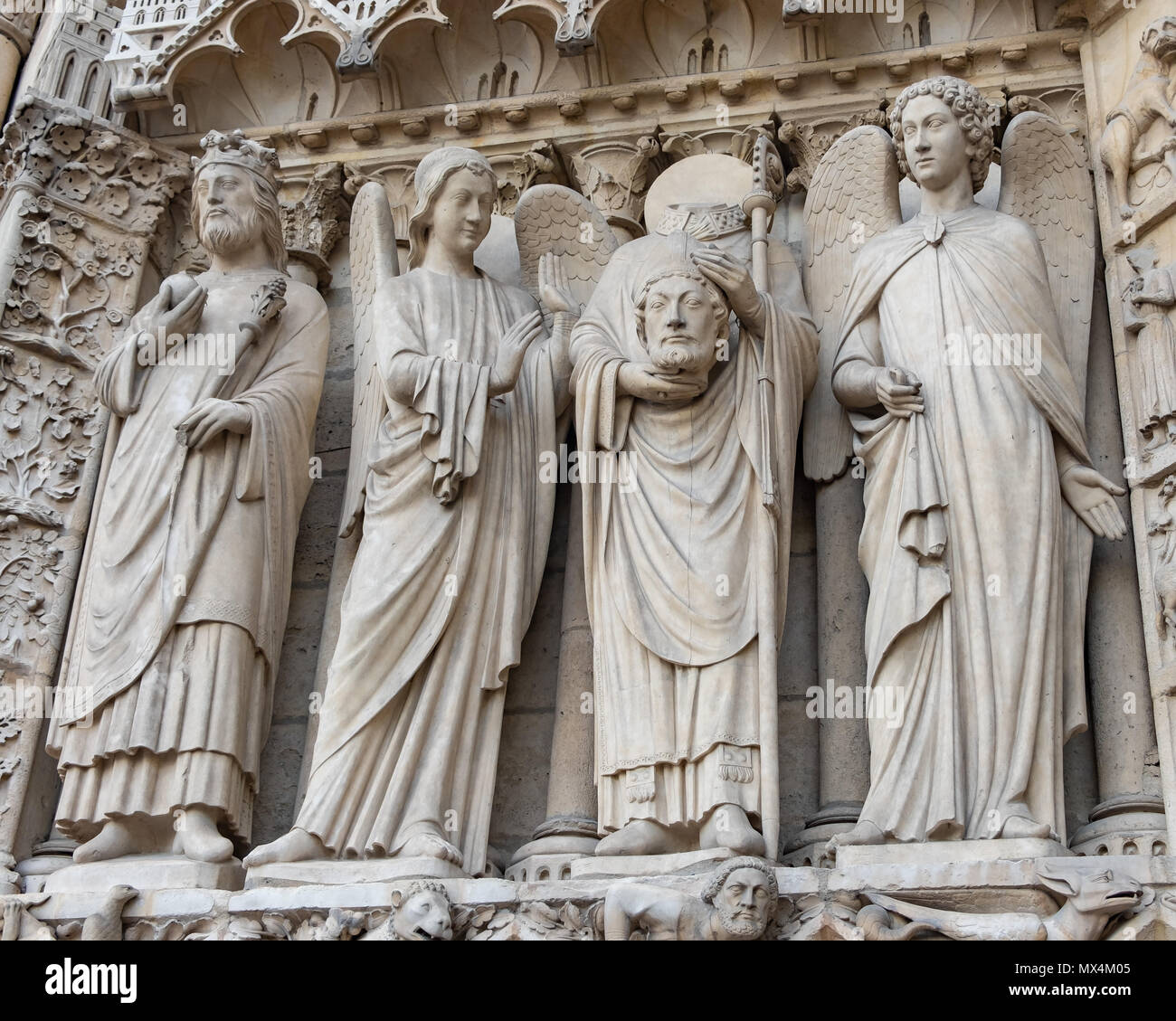 Sculpture from the facade of the Notre dame Cathedral in Paris France. Stock Photo