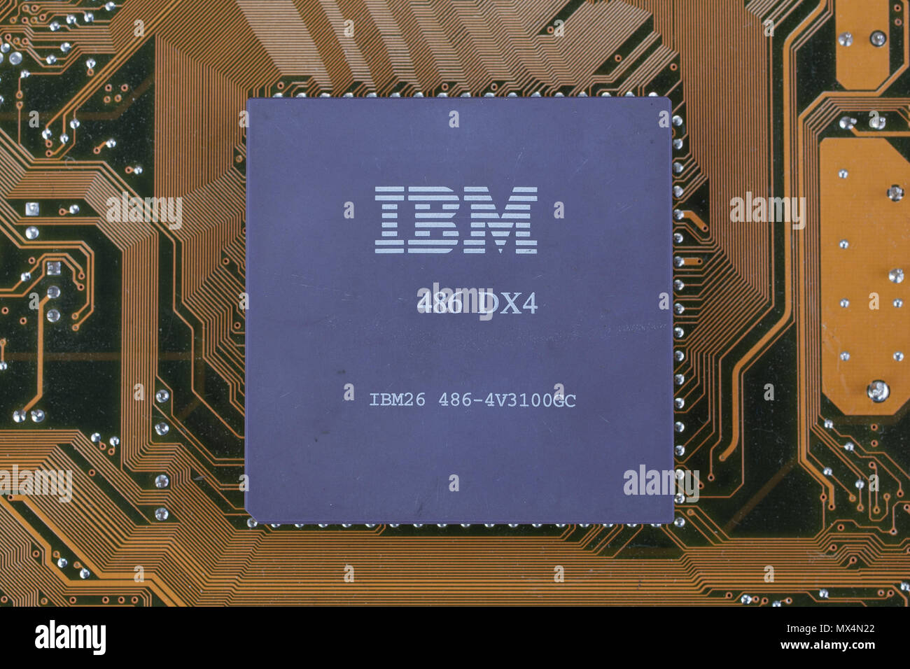 KYIV, UKRAINE - Feb. 17, 2018. IBM 486DX4 processor on circuit board. Stock Photo