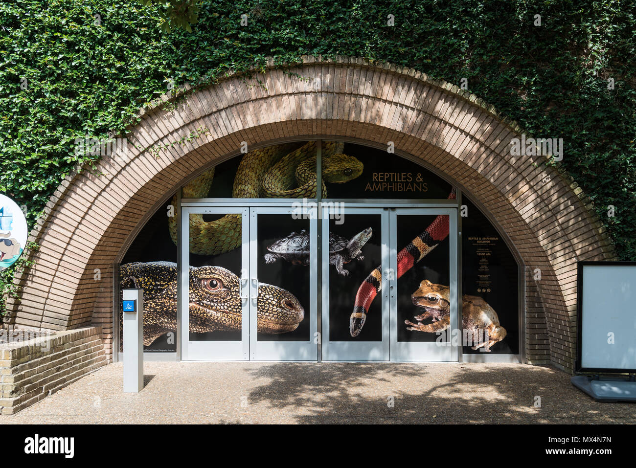 Entrance to the reptile exhibit at Houston Zoo. Houston, Texas, USA. Stock Photo