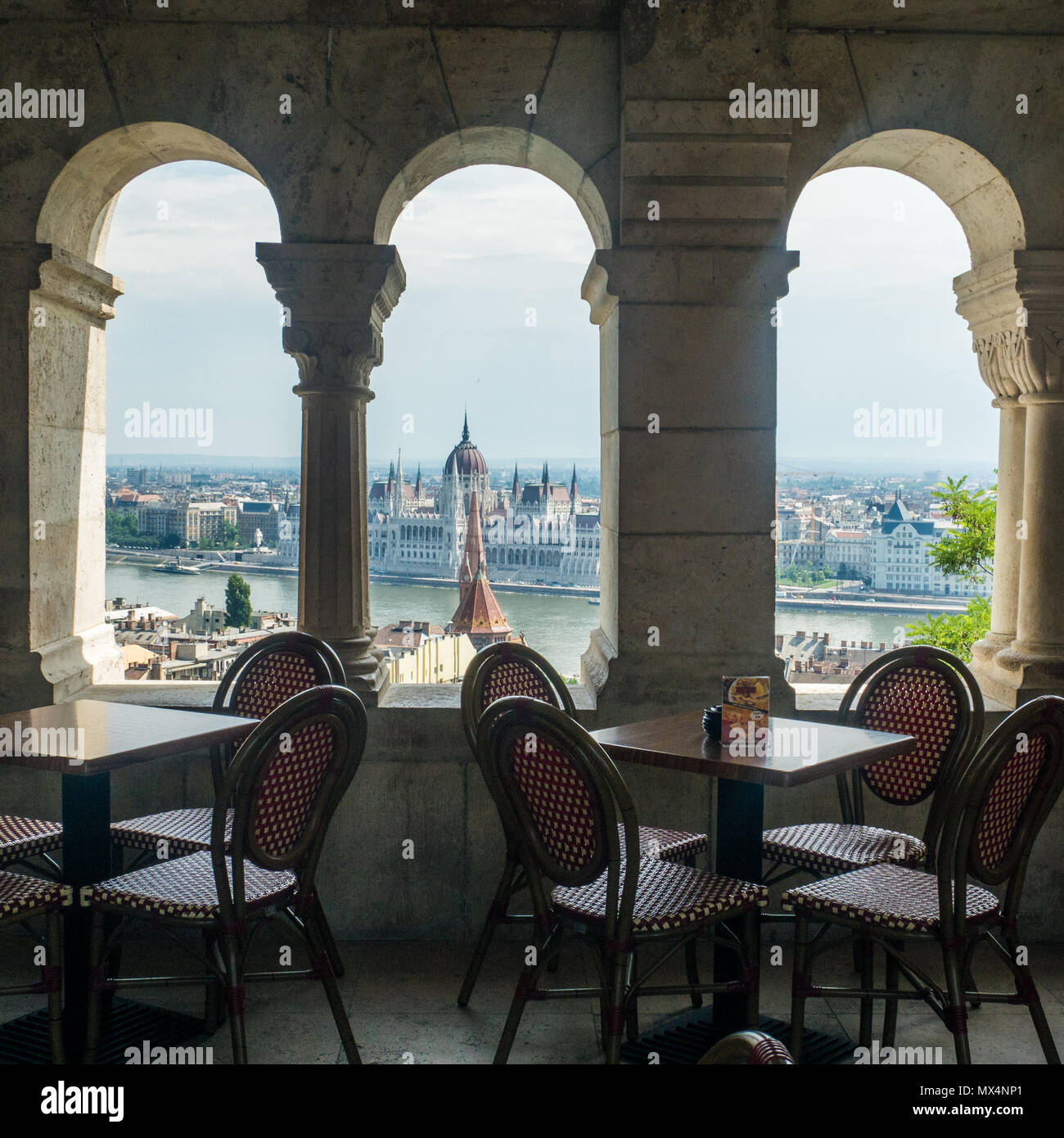 View from Fishermans Bastion (a terrace on the Buda side) over the River Danube towards the Hungarian Parliament building, Budapest, Hungary. Stock Photo