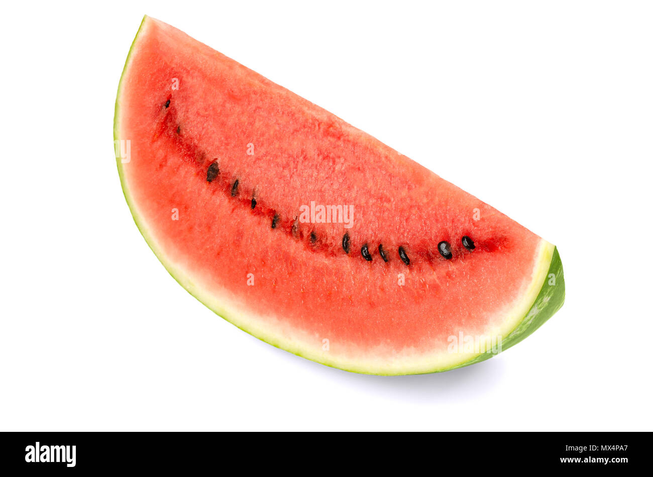 Sweet watermelon slice, front view, on white background. Large ripe fruit of Citrullus lanatus with green striped skin, red pulp and black seeds. Stock Photo