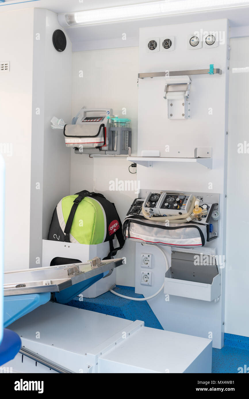 Interior Of An Ambulance Car Various Medical Equipment Stock Photo Alamy